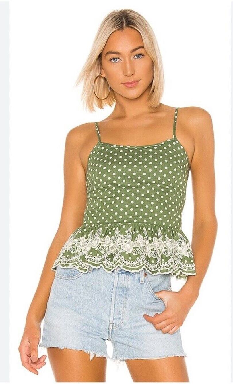 Tularosa Campbell Embroidered Moss Green & White Polka Dot Sleeveless Top S